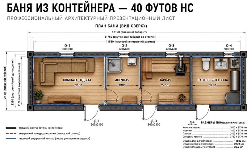Баня из контейнера 40 футов High Cube — планировка