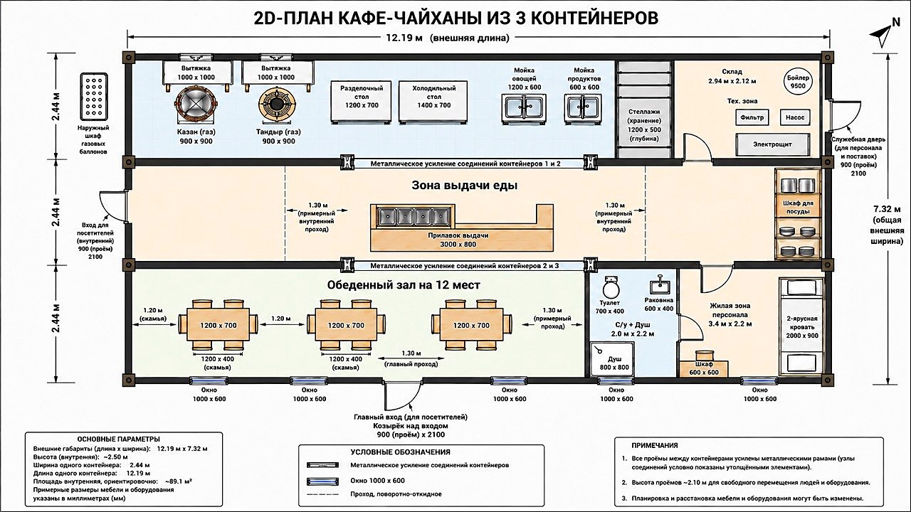 План кафе-чайханы из трёх контейнеров с расстановкой оборудования и размерами